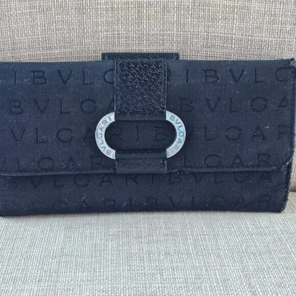 BVLGARI Clutch Long Wallet Card Holder Black Leather/Canvas Bag Purse Made Italy - Picture 2 of 14